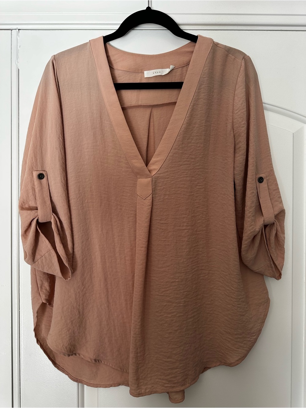 Relaxed V-Neck Roll-Sleeve Blouse - Dusty Rose